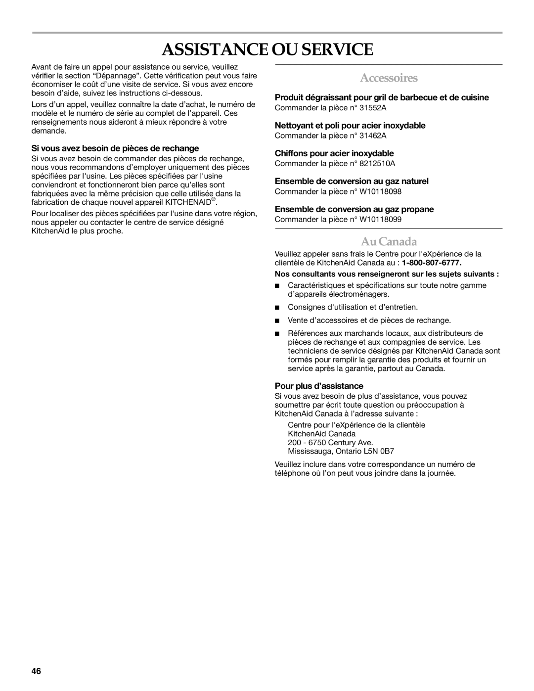 KitchenAid KBZU122VSS installation instructions Assistance OU Service, Accessoires, Au Canada 