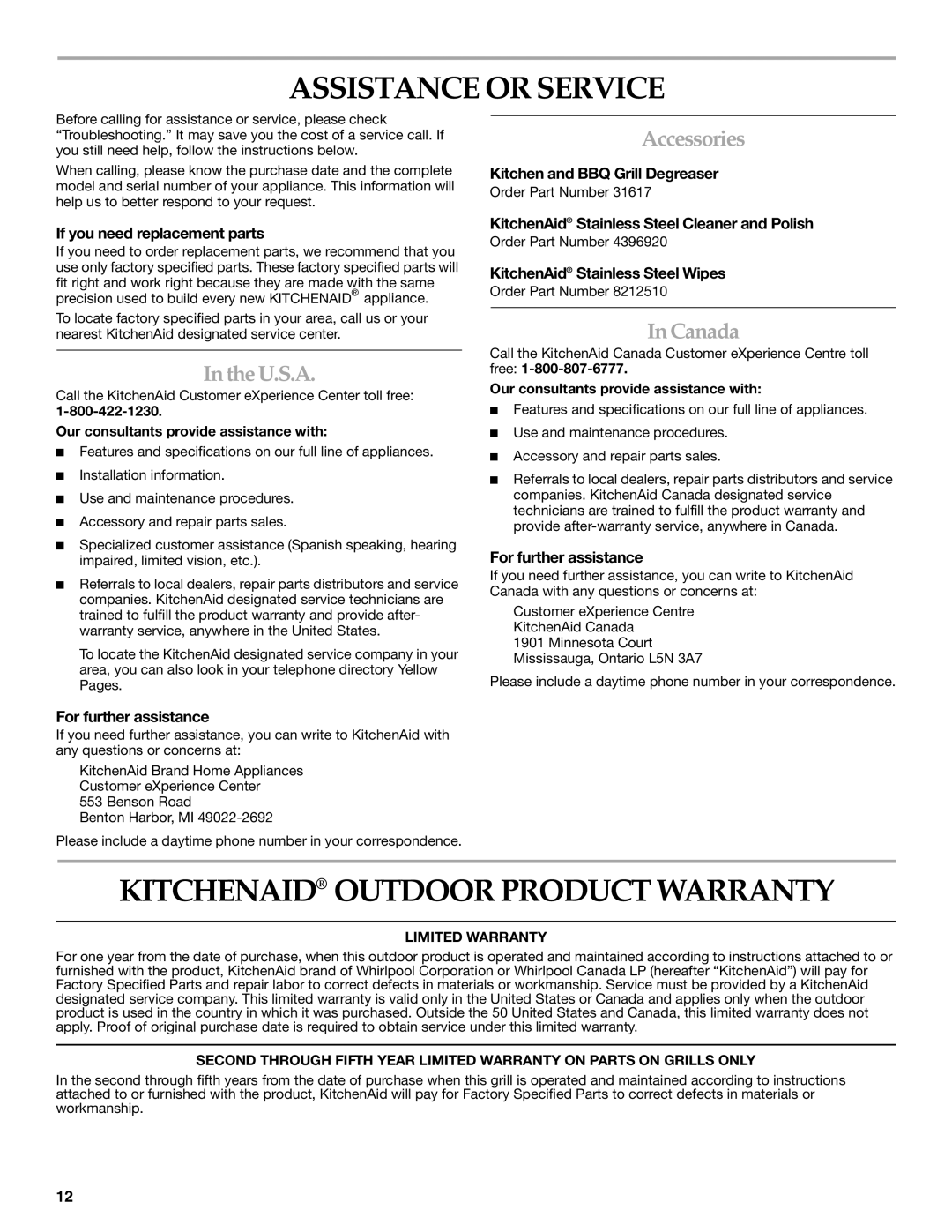 KitchenAid KBZU242TSS Assistance or Service, Kitchenaid Outdoor Product Warranty, U.S.A, Accessories, Canada 