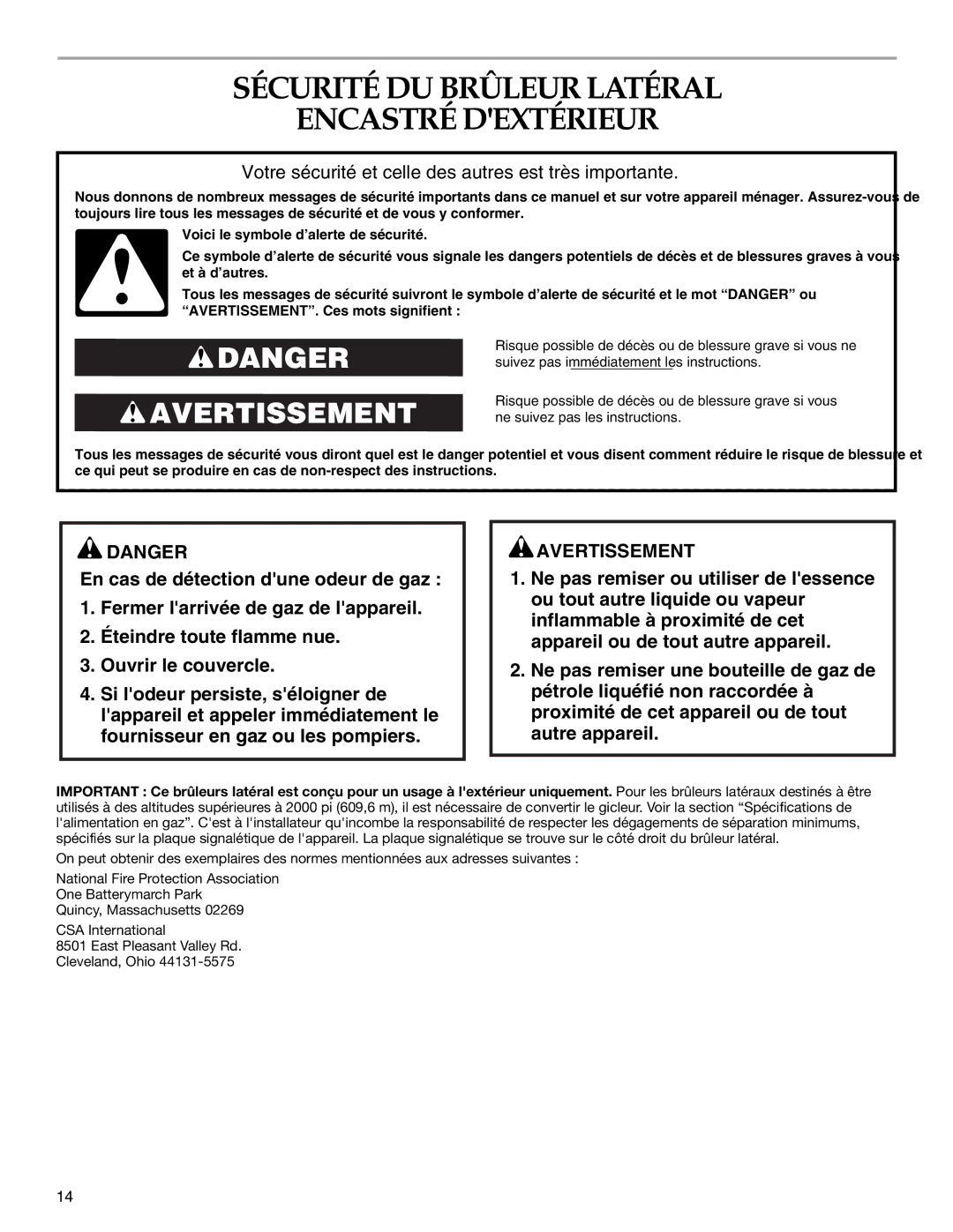 KitchenAid KBZU242TSS installation instructions Sécurité DU Brûleur Latéral Encastré Dextérieur 