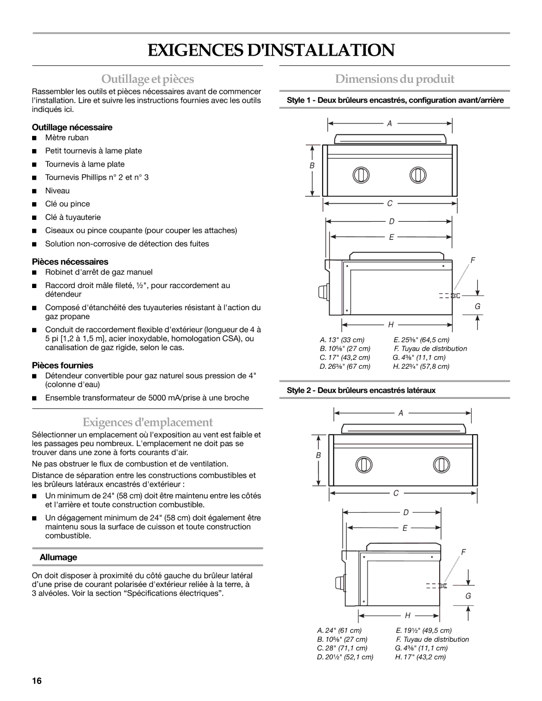 KitchenAid KBZU242TSS Exigences Dinstallation, Outillage et pièces, Exigences demplacement, Dimensions du produit 