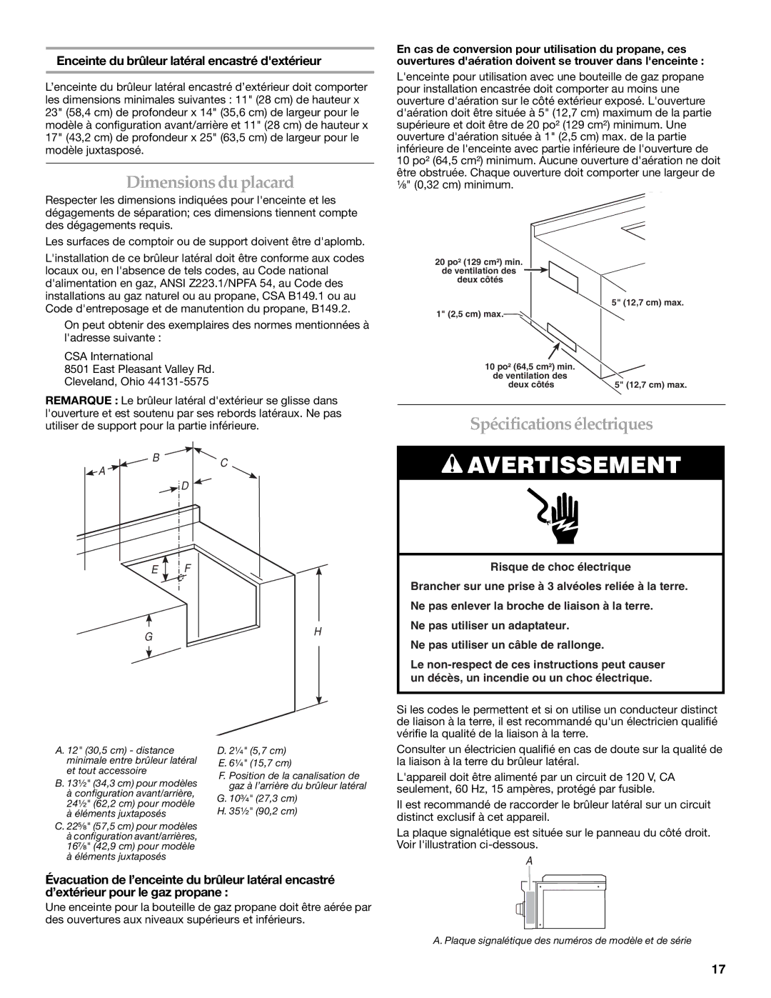 KitchenAid KBZU242TSS Dimensions du placard, Spécifications électriques, Enceinte du brûleur latéral encastré dextérieur 