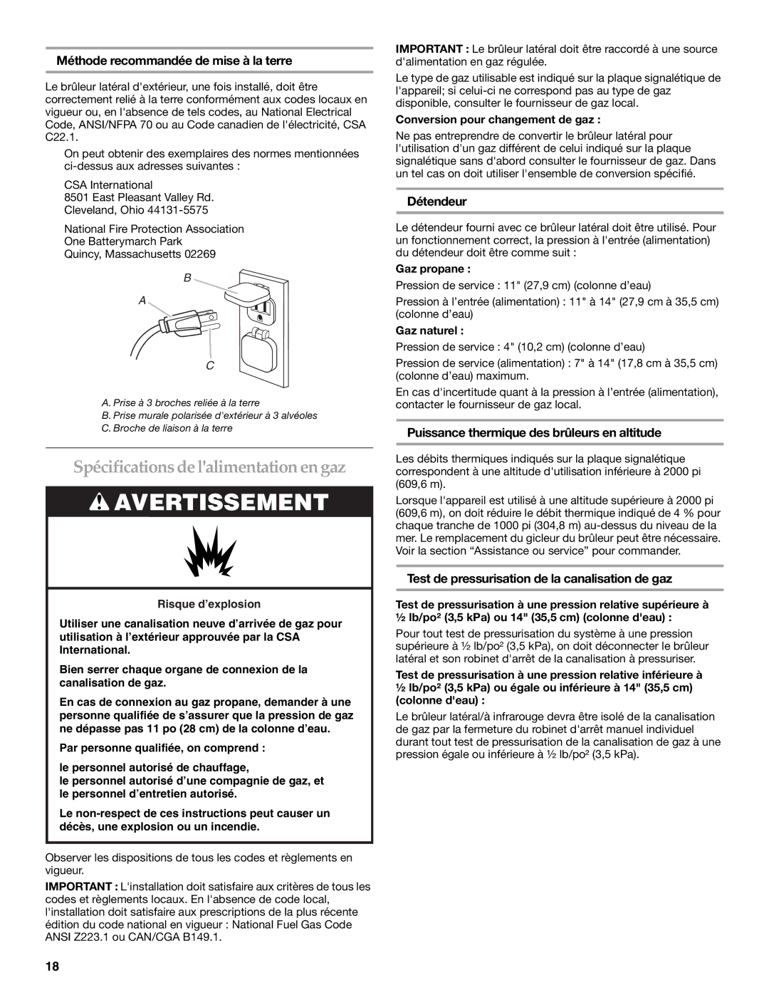 KitchenAid KBZU242TSS Spécifications de lalimentation en gaz, Méthode recommandée de mise à la terre, Détendeur 