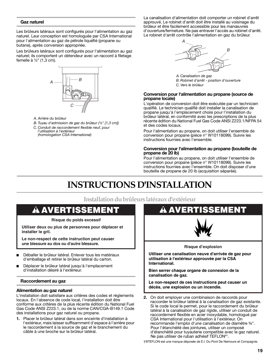 KitchenAid KBZU242TSS Instructions Dinstallation, Installation du brûleurs latéraux dextérieur, Gaz naturel 