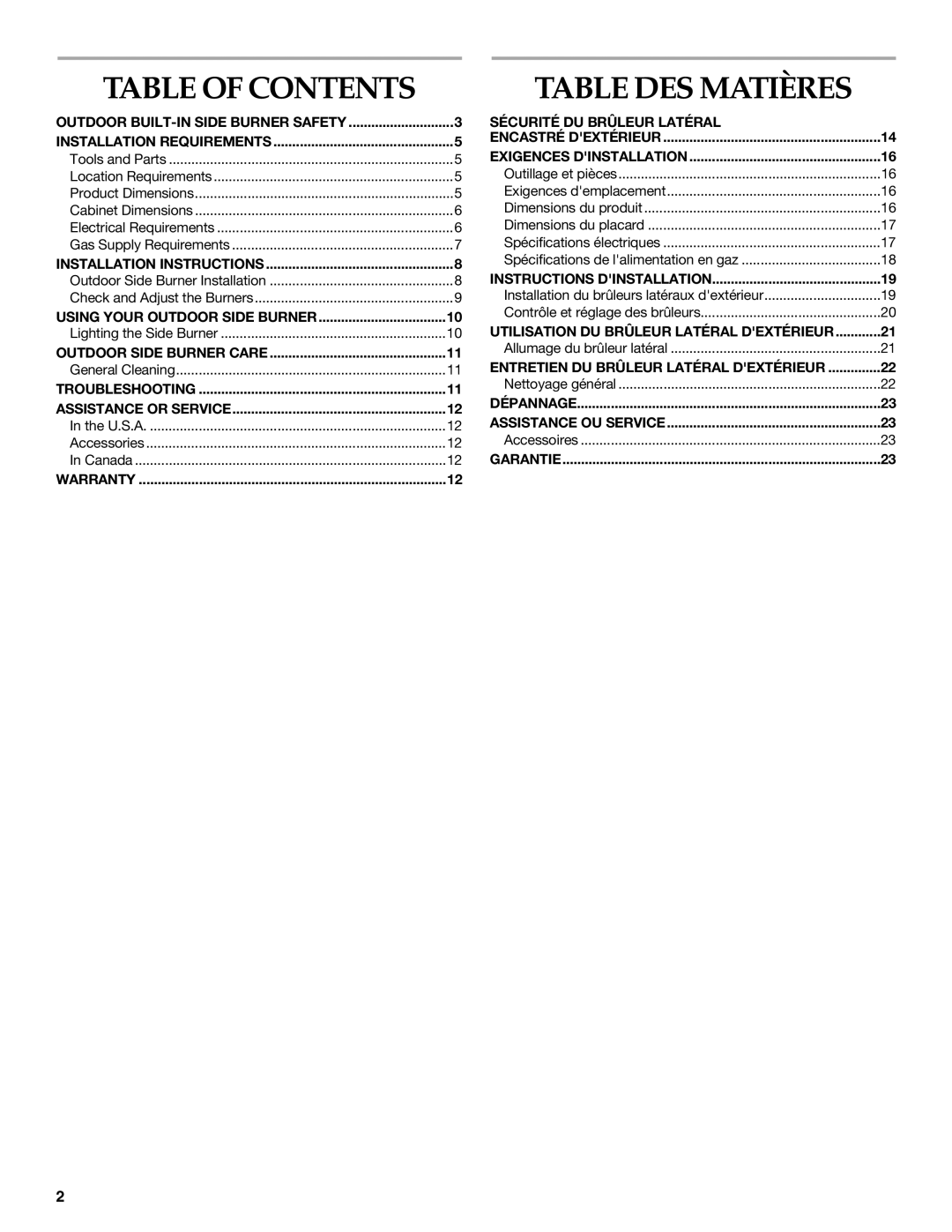 KitchenAid KBZU242TSS installation instructions Table DES Matières, Table of Contents 