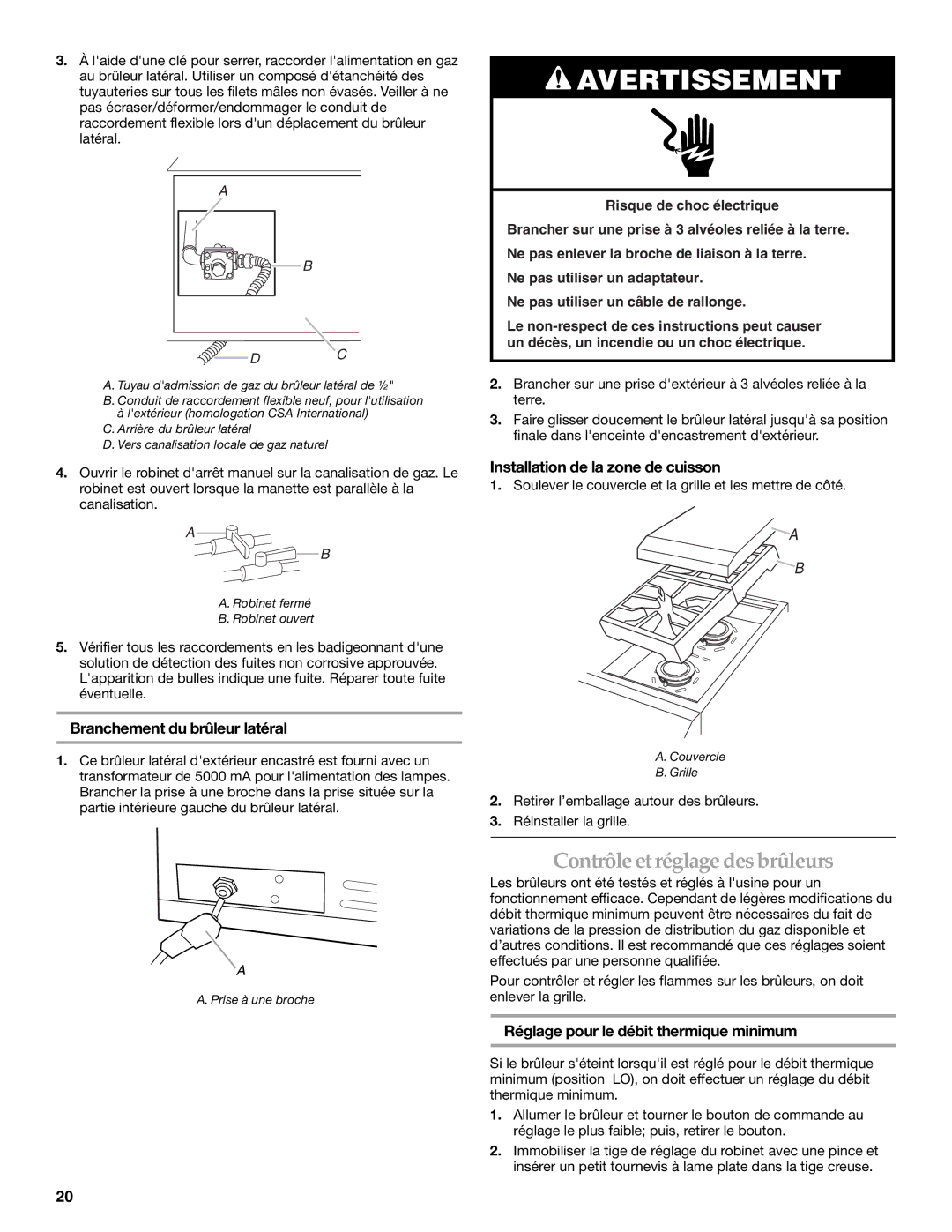 KitchenAid KBZU242TSS Contrôle et réglage des brûleurs, Branchement du brûleur latéral, Installation de la zone de cuisson 