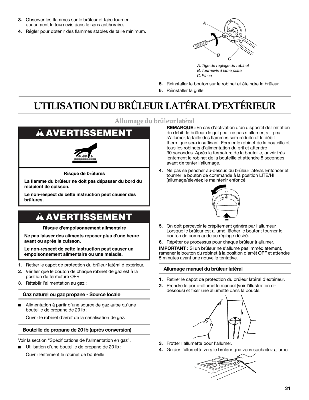 KitchenAid KBZU242TSS installation instructions Utilisation DU Brûleur Latéral Dextérieur, Allumage du brûleur latéral 