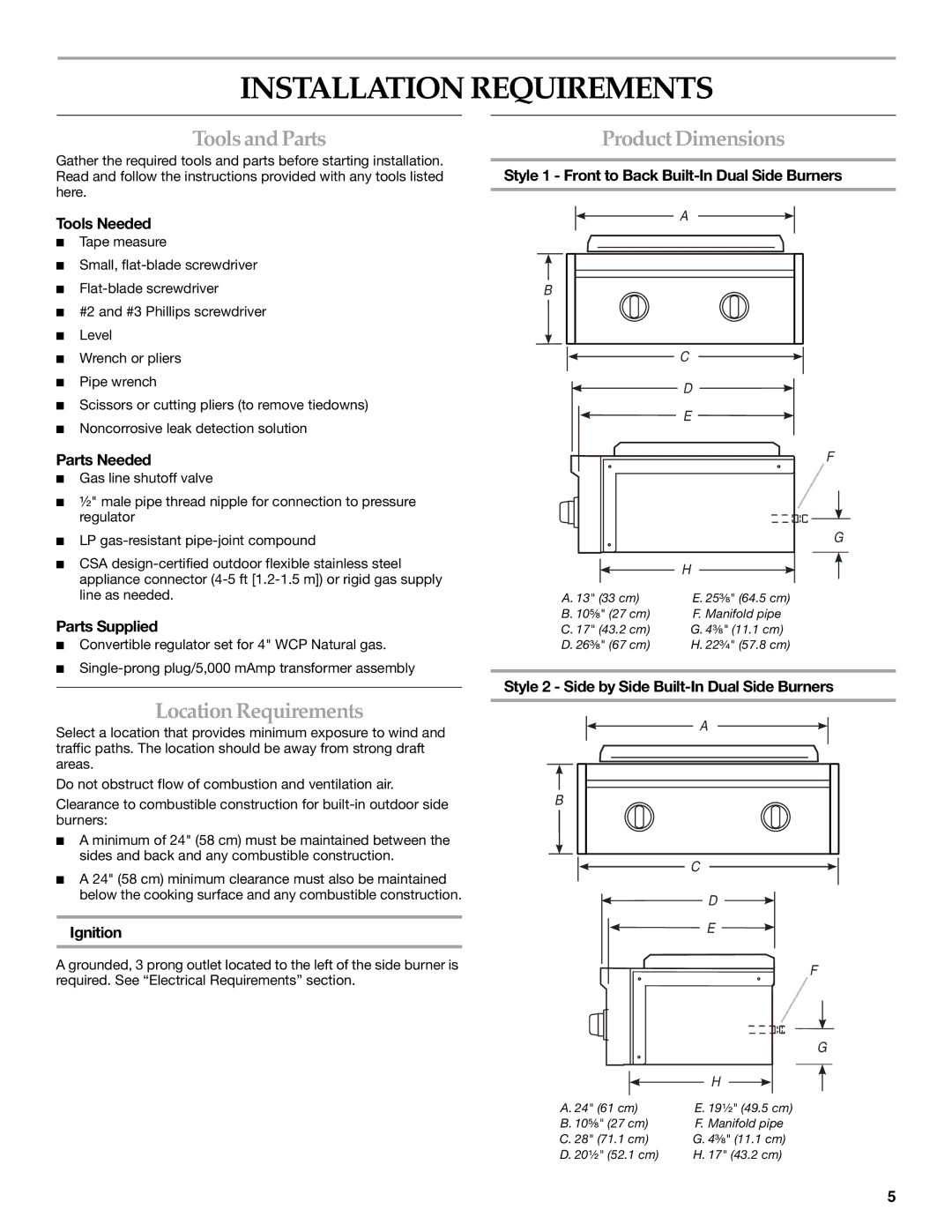 KitchenAid KBZU242TSS Installation Requirements, Tools and Parts, Location Requirements, Product Dimensions 