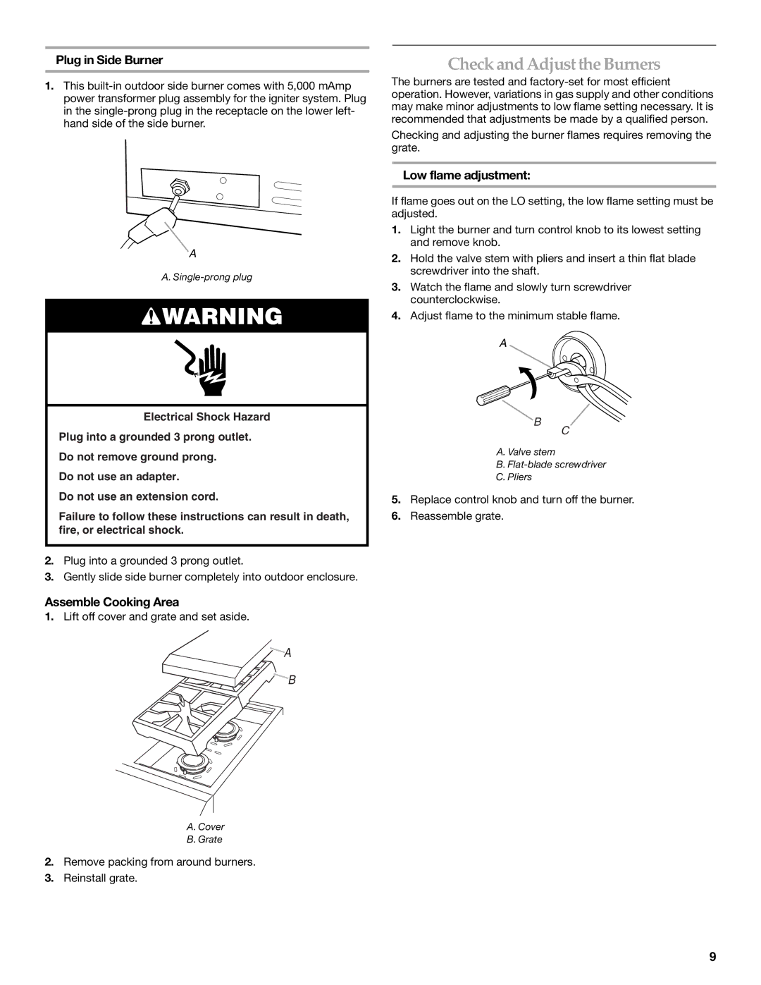 KitchenAid KBZU242TSS Check and Adjust the Burners, Plug in Side Burner, Assemble Cooking Area, Low flame adjustment 