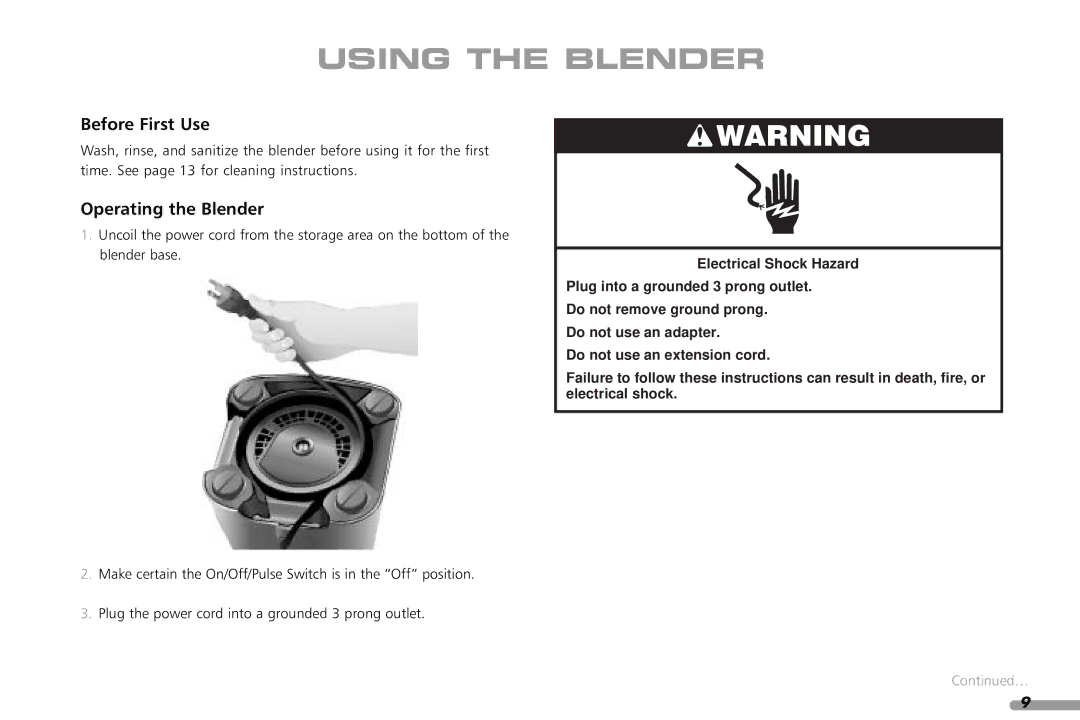 KitchenAid KCB348, KCB148 manual Using the Blender, Before First Use, Operating the Blender 