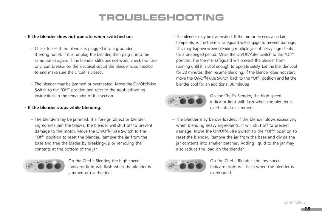 KitchenAid KCB348 Troubleshooting, If the blender does not operate when switched on, If the blender stops while blending 