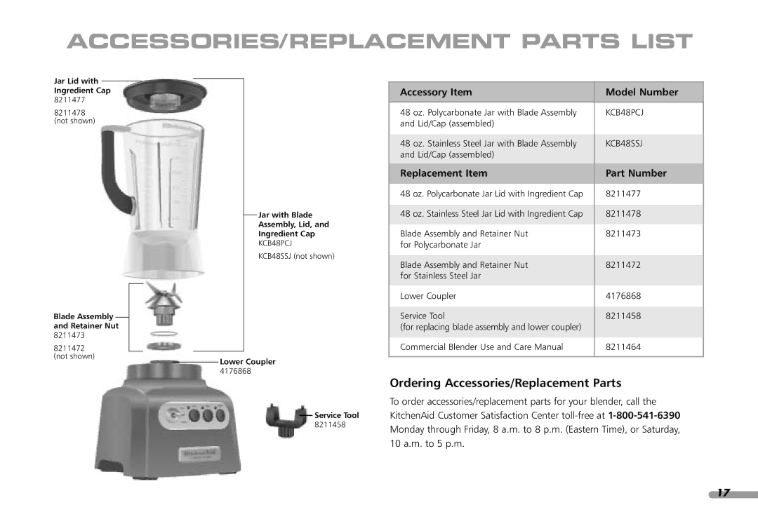 KitchenAid KCB348 ACCESSORIES/REPLACEMENT Parts List, Ordering Accessories/Replacement Parts, Accessory Item Model Number 