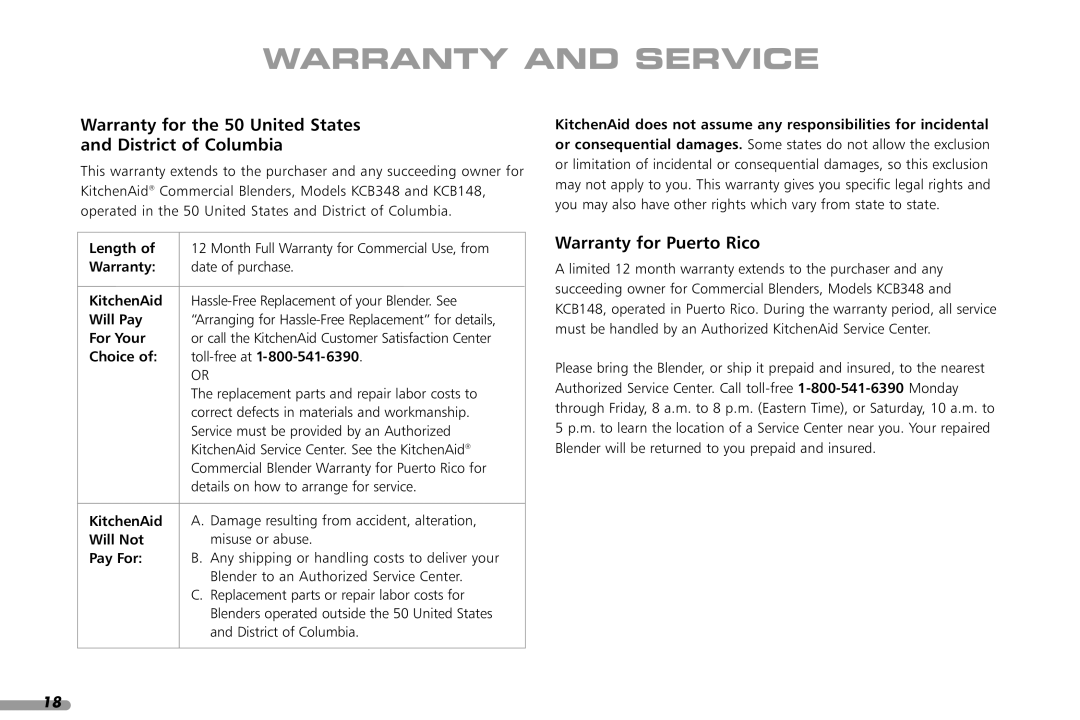 KitchenAid KCB148, KCB348 manual Warranty and Service, Warranty for the 50 United States and District of Columbia 