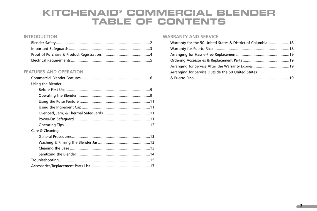 KitchenAid KCB348, KCB148 manual Kitchenaid Commercial Blender Table of Contents 