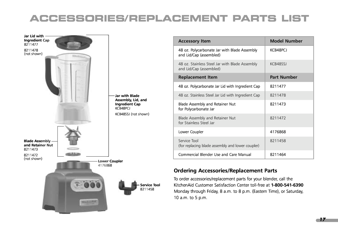 KitchenAid KCB348 Accessories/Replacement Parts List, Ordering Accessories/Replacement Parts, Accessory Item, Model Number 