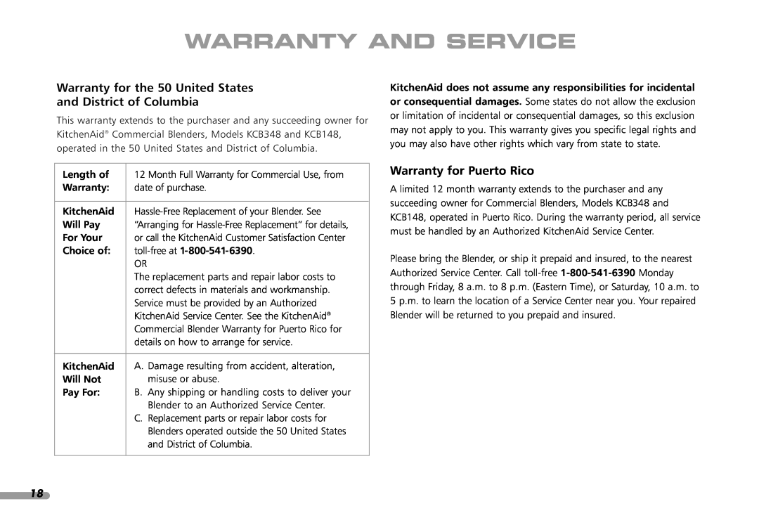 KitchenAid KCB148 Warranty And Service, Warranty for the 50 United States and District of Columbia, Length of, KitchenAid 
