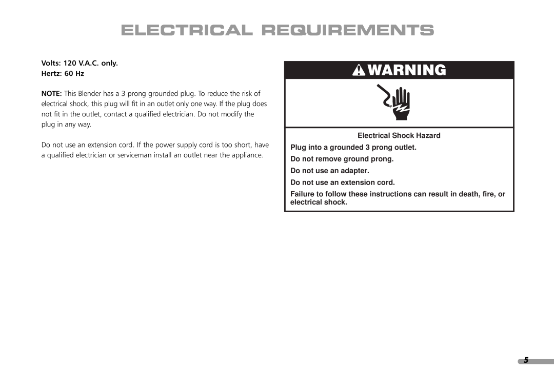 KitchenAid KCB348, KCB148 manual Electrical Requirements, Volts 120 V.A.C. only Hertz 60 Hz 