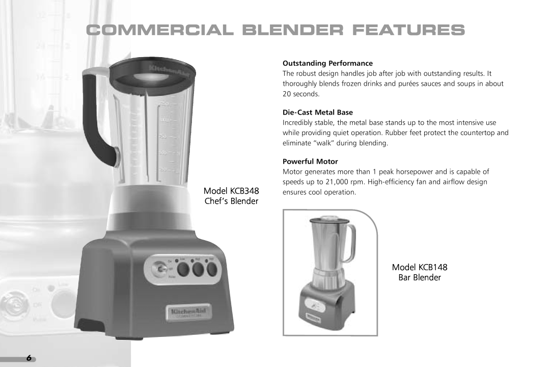 KitchenAid KCB148, KCB348 manual Commercial Blender Features, Outstanding Performance, Die-Cast Metal Base, Powerful Motor 
