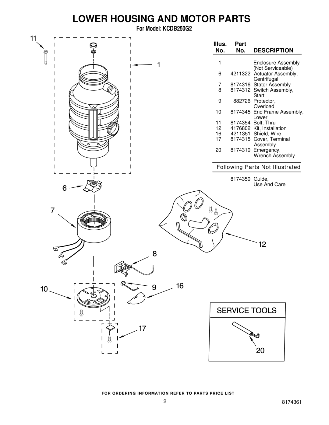 KitchenAid KCDB250G2 manual Lower Housing and Motor Parts, Illus Part, Description 