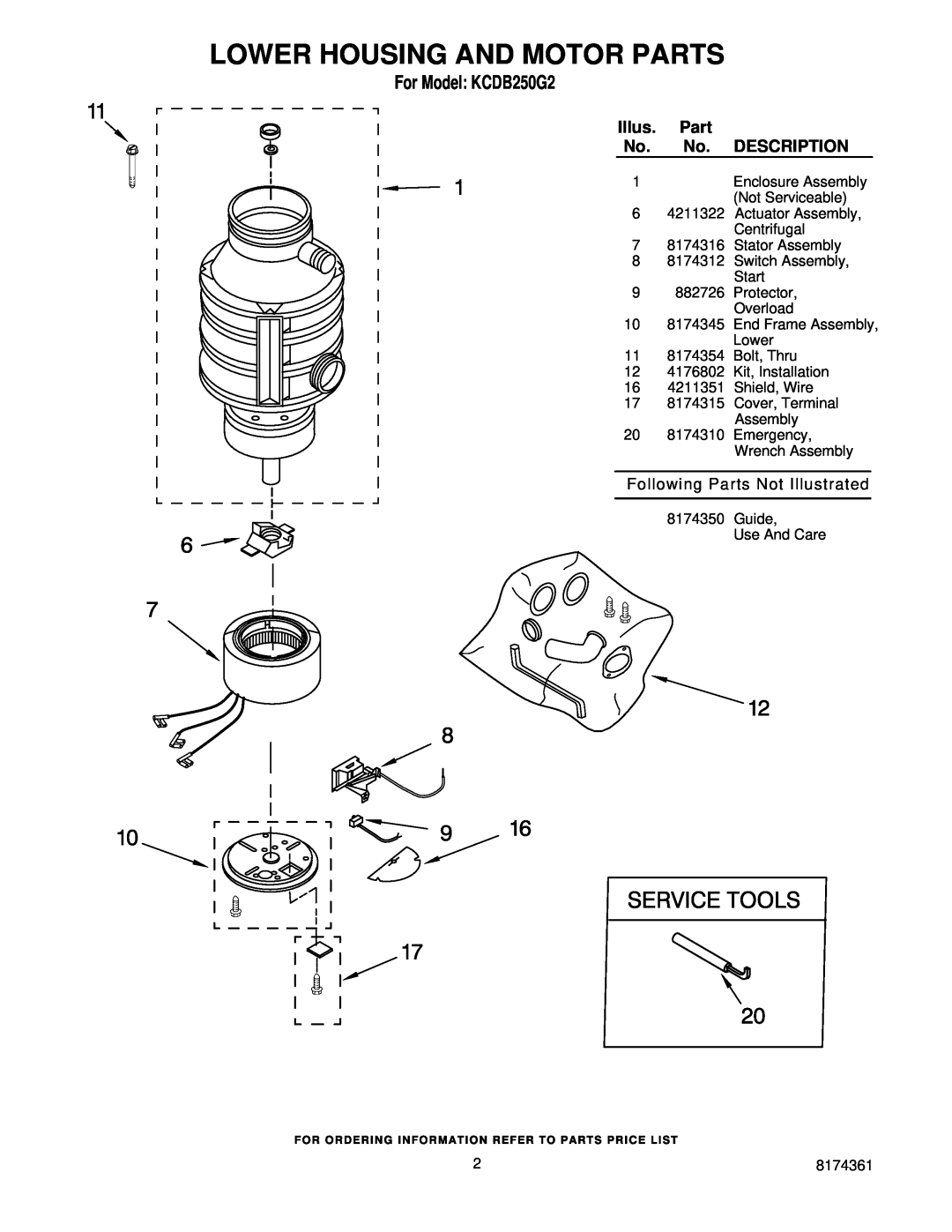 KitchenAid manual Lower Housing And Motor Parts, Description, For Model KCDB250G2, Following Parts Not Illustrated 