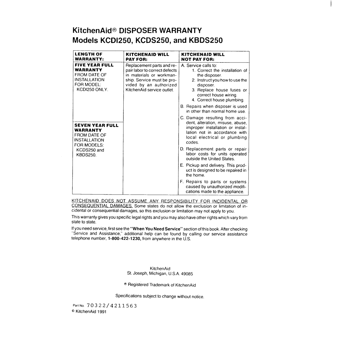 KitchenAid KCDS250, KCDI250, KBDS250 manual 