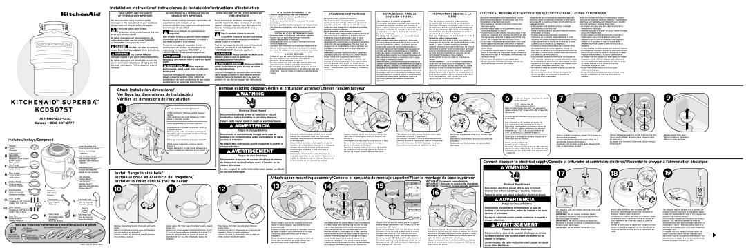 KitchenAid KCDS075T installation instructions Electrical Shock Hazard, Disconnect electrical power at fuse box or circuit 