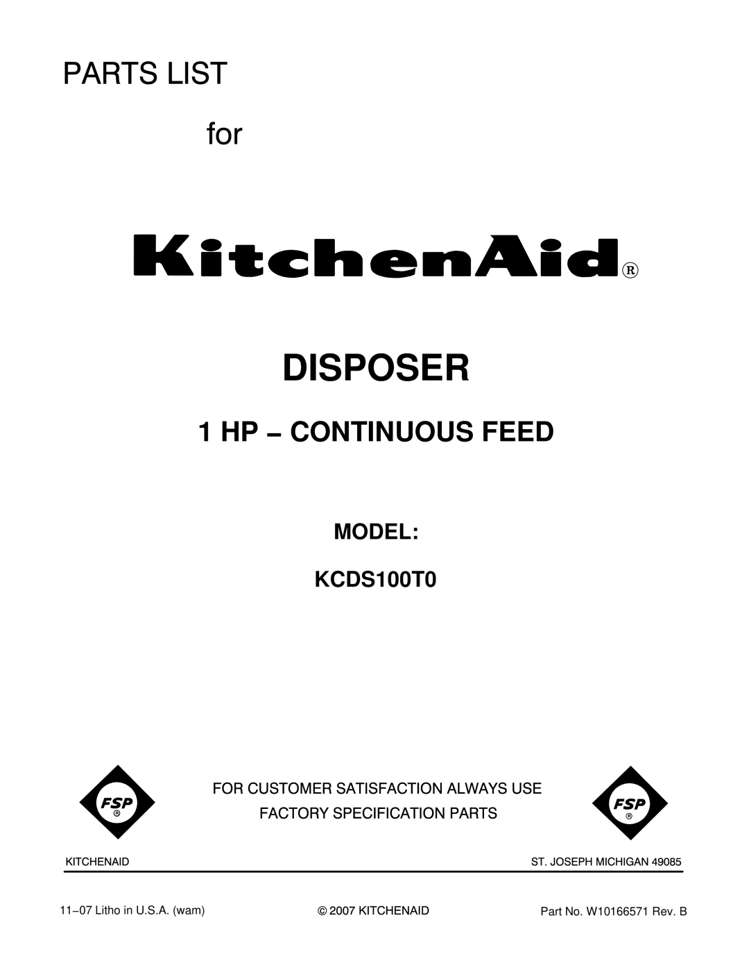 KitchenAid KCDS100T0 manual Disposer, HP − Continuous Feed 