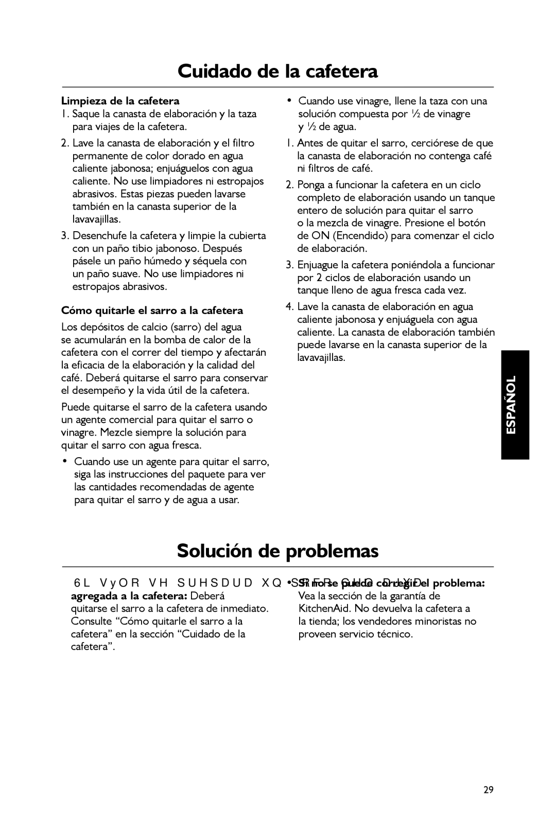 KitchenAid KCM0402 manual Cuidado de la cafetera, Solución de problemas, Limpieza de la cafetera 