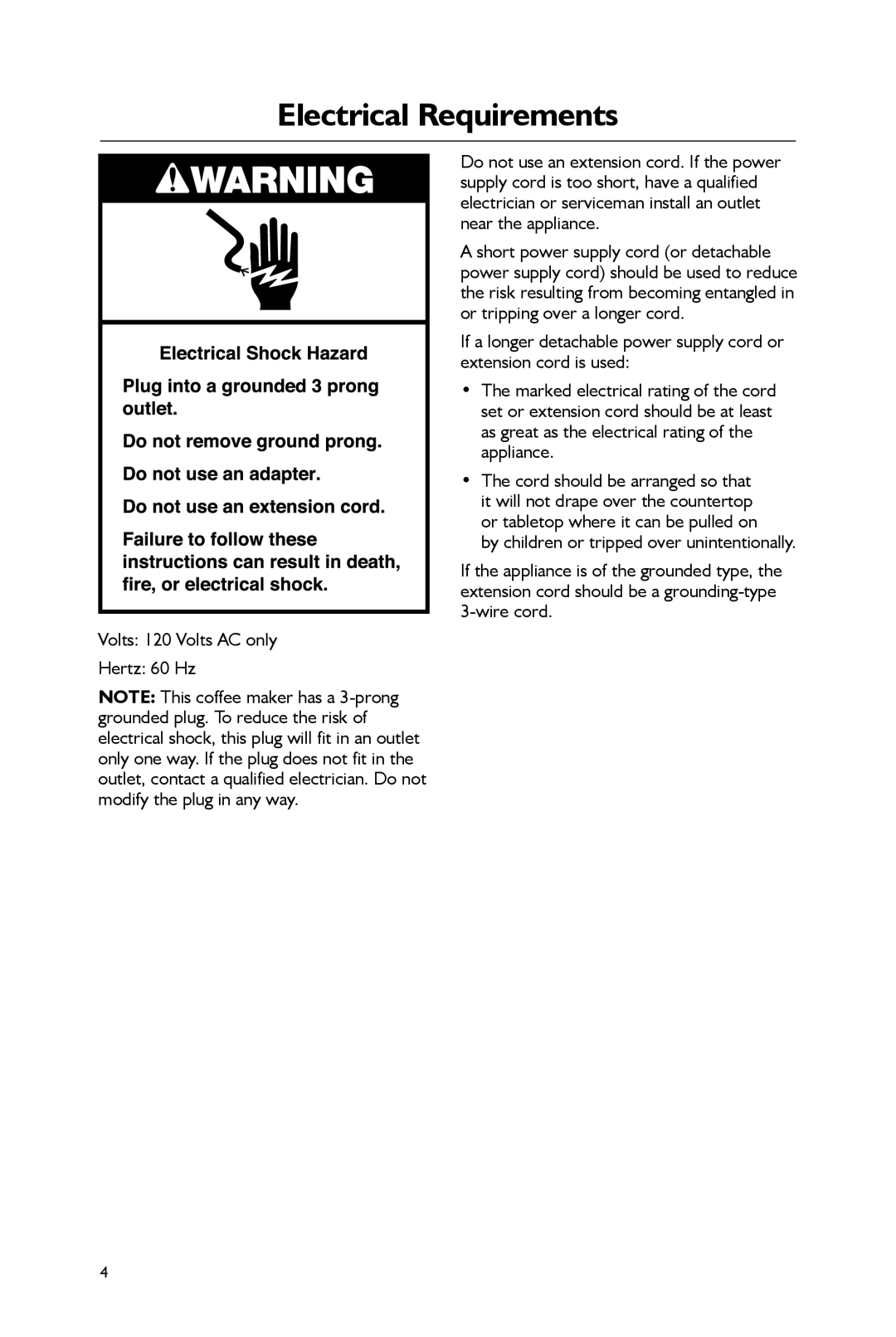 KitchenAid KCM0402 manual Electrical Requirements 