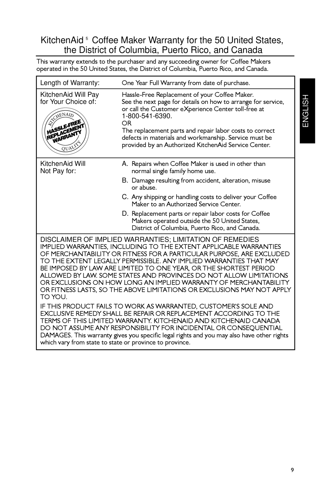 KitchenAid KCM0402 manual Length of Warranty, KitchenAid Will Pay, For Your Choice, Not Pay for 