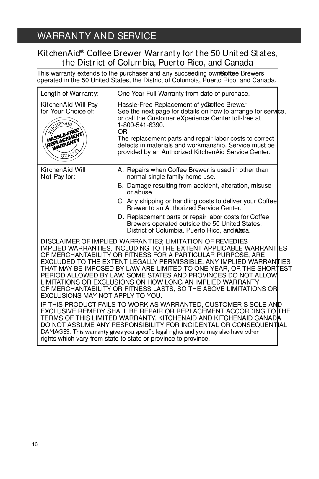 KitchenAid KCM0802 manual Warranty and Service 