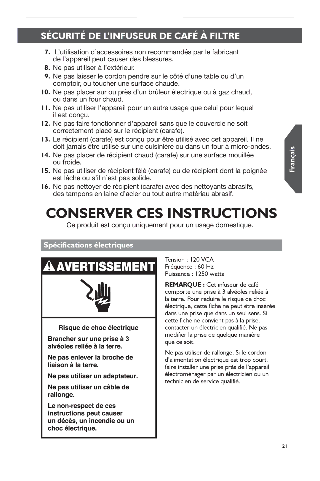 KitchenAid KCM0802 manual Conserver CES Instructions, Spécifications électriques 