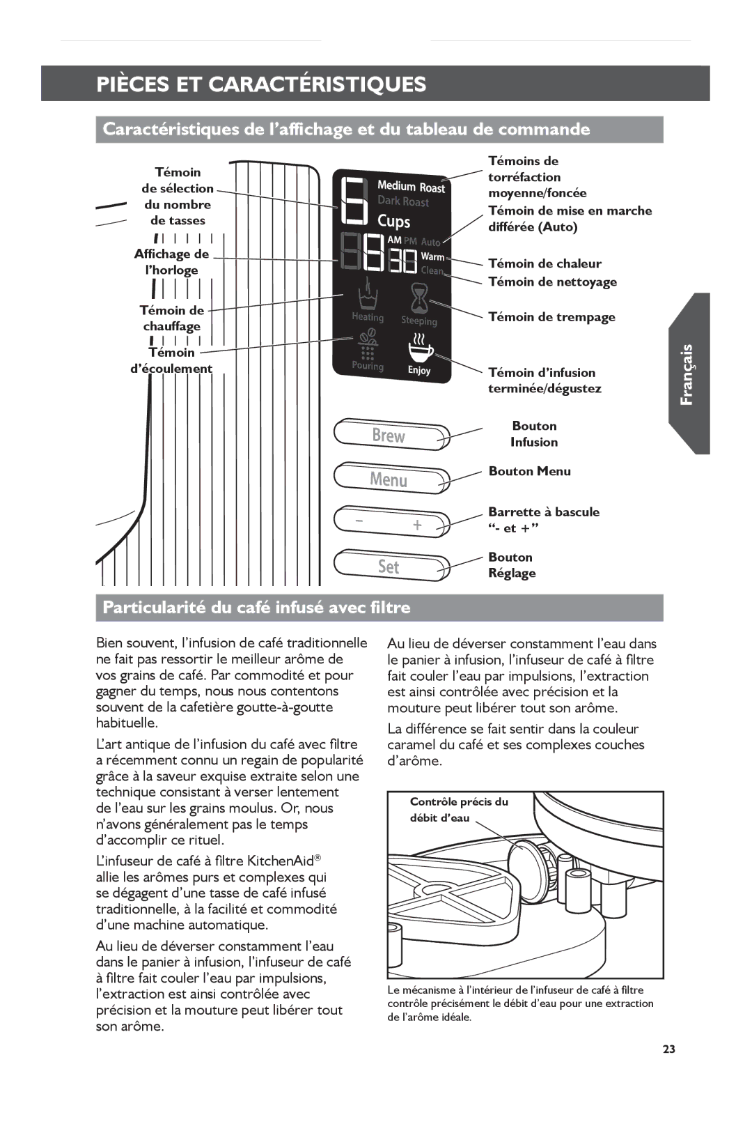 KitchenAid KCM0802 Caractéristiques de l’affichage et du tableau de commande, Particularité du café infusé avec filtre 