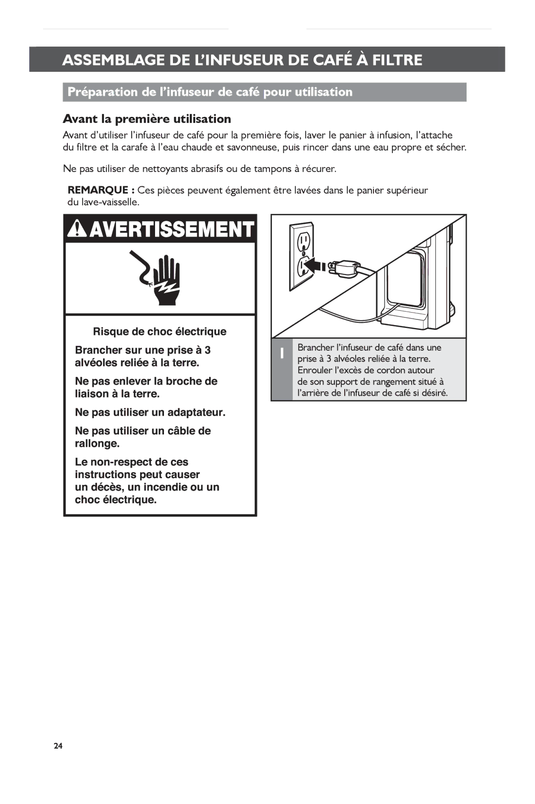 KitchenAid KCM0802 manual Préparation de l’infuseur de café pour utilisation, Avant la première utilisation 