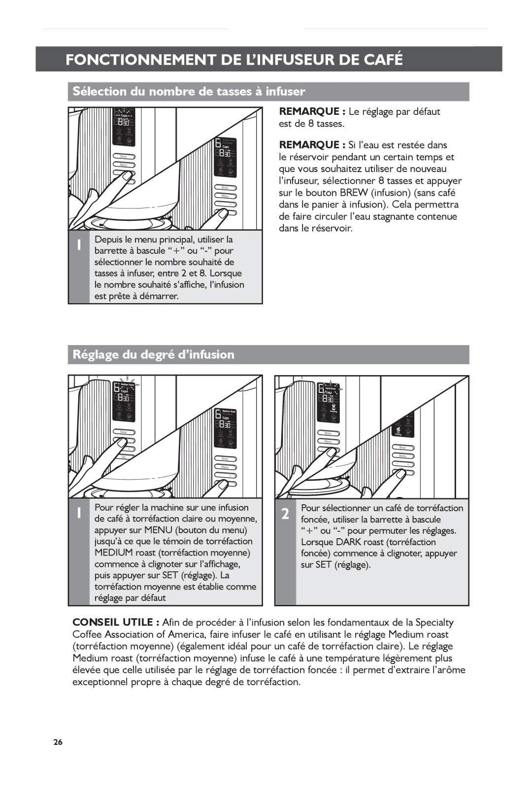 KitchenAid KCM0802 manual Fonctionnement DE L’INFUSEUR DE Café, Sélection du nombre de tasses à infuser 