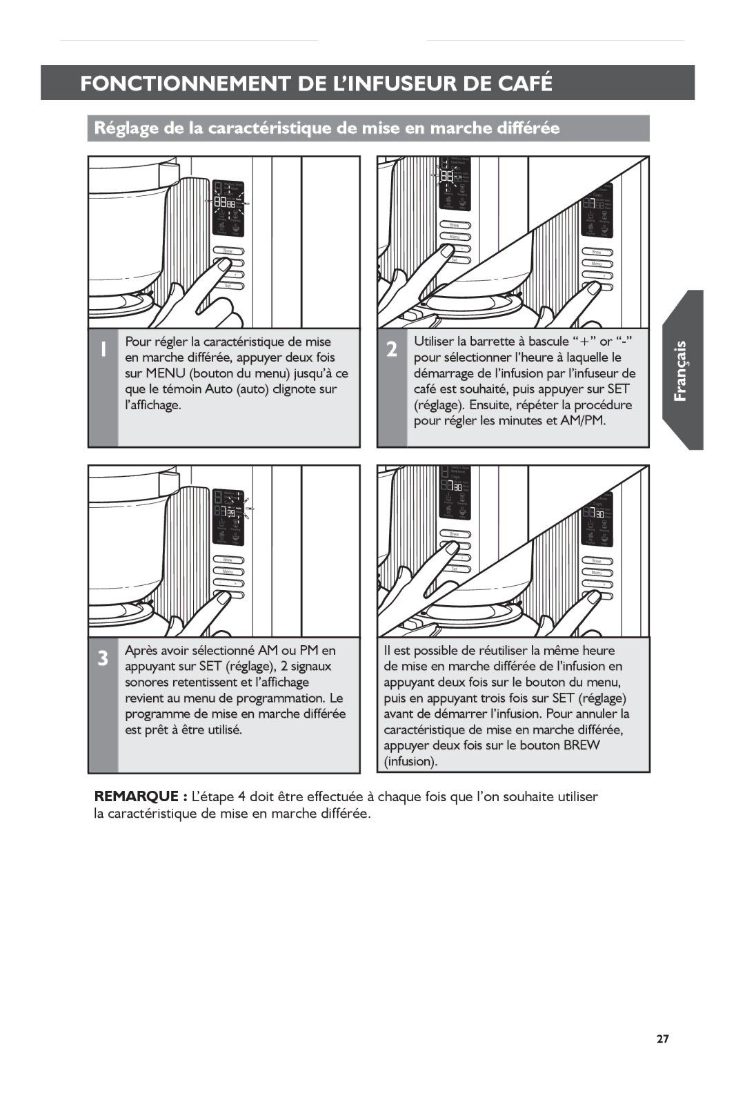 KitchenAid KCM0802 manual Réglage de la caractéristique de mise en marche différée 