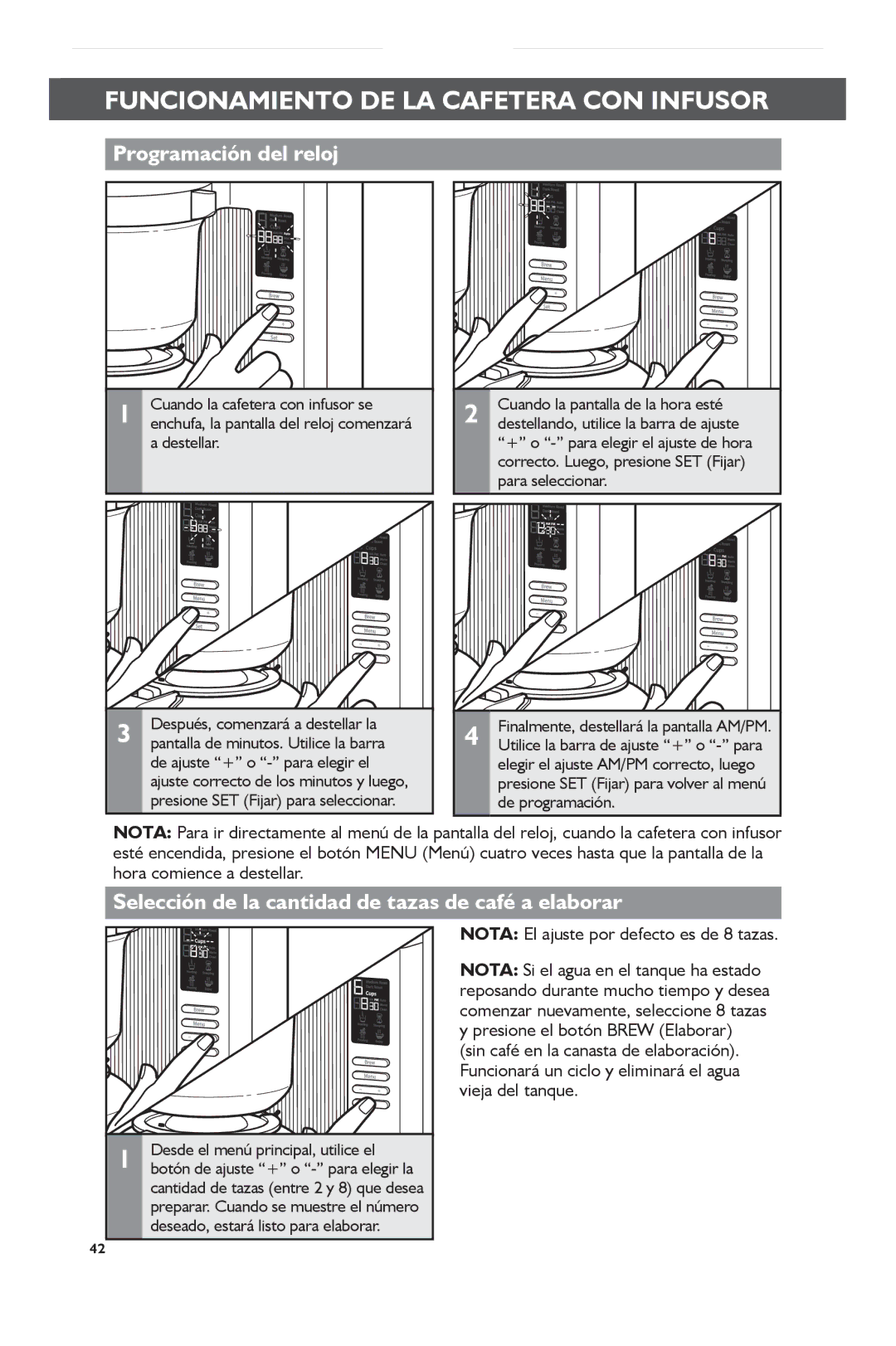 KitchenAid KCM0802 manual Programación del reloj, Selección de la cantidad de tazas de café a elaborar 