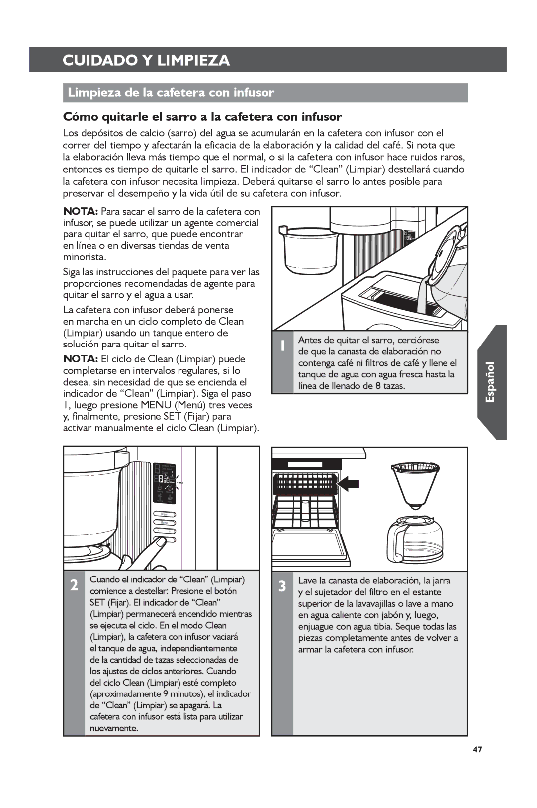 KitchenAid KCM0802 manual CUICMDADO+ Shifty Limpiezacl CK to Change Copy, Limpieza de la cafetera con infusor 