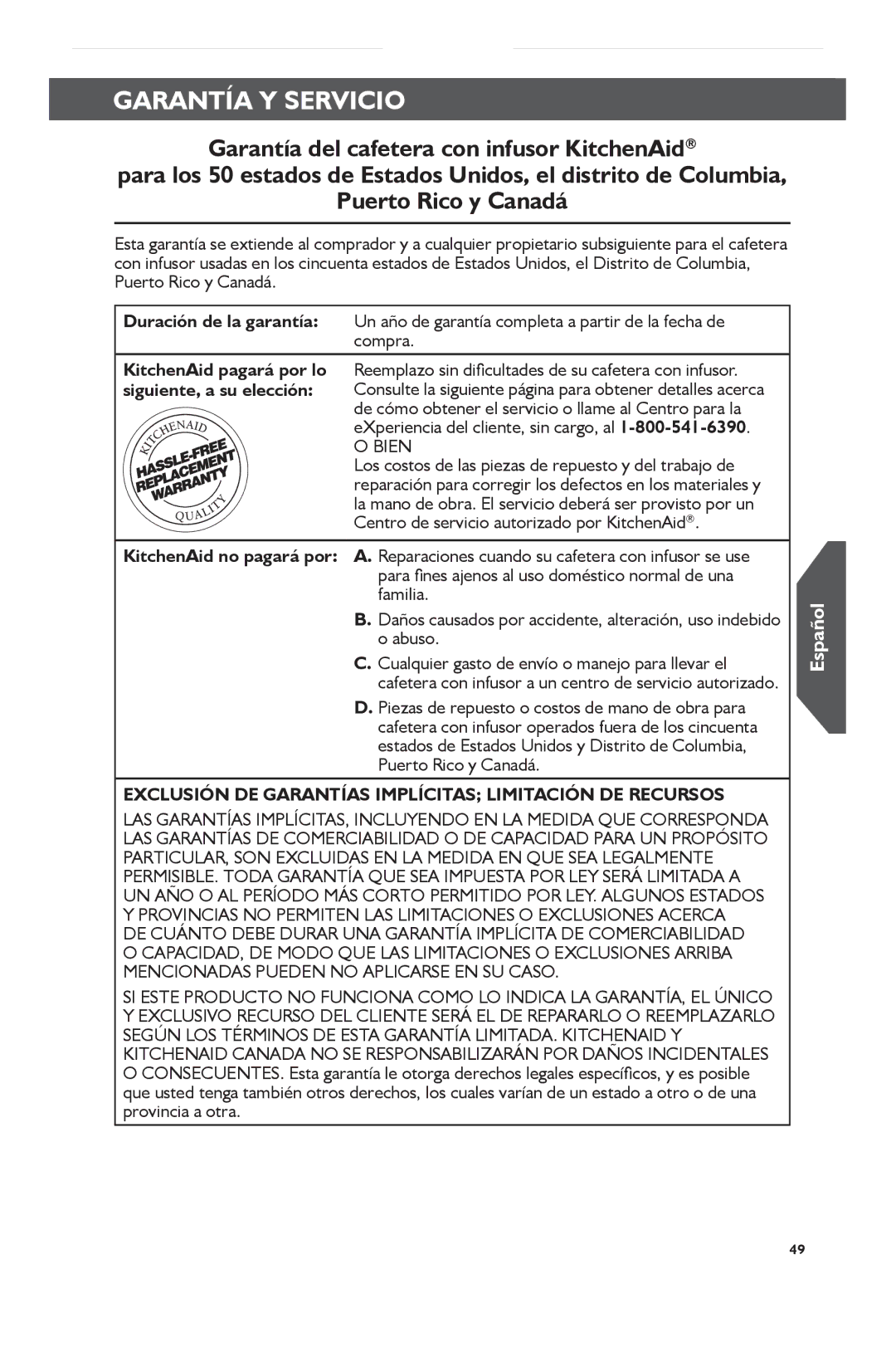 KitchenAid KCM0802 manual KitchenAid pagará por lo, Siguiente, a su elección, KitchenAid no pagará por 