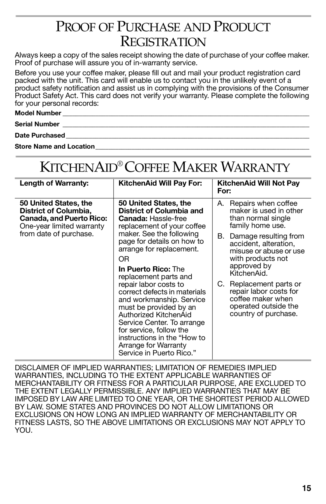 KitchenAid KCM112 manual Proof of Purchase and Product Registration, Kitchenaid Coffee Maker Warranty, District of Columbia 