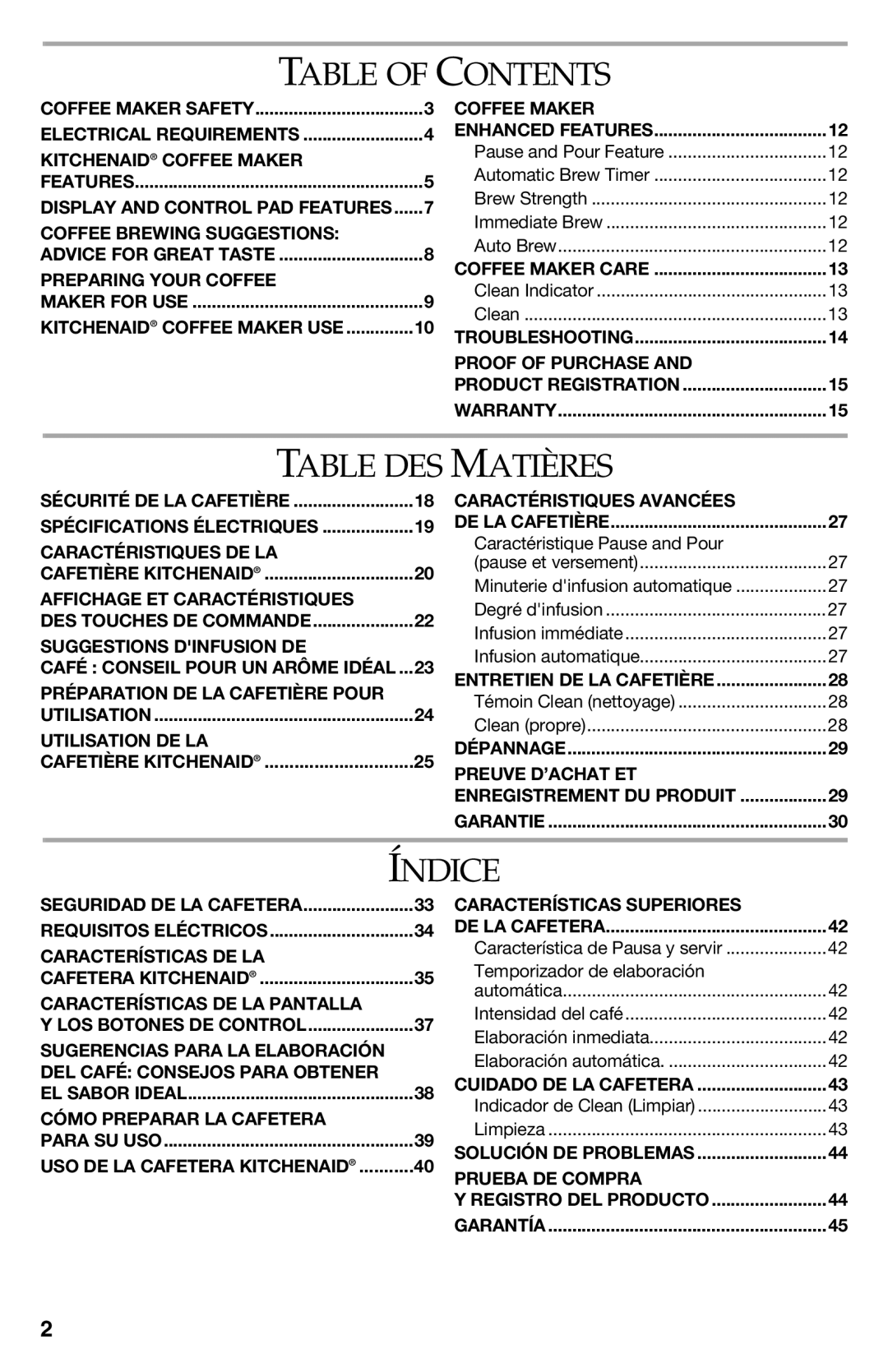 KitchenAid KCM112OB, KCM111OB manual Table of Contents, Table DES Matières, Índice 