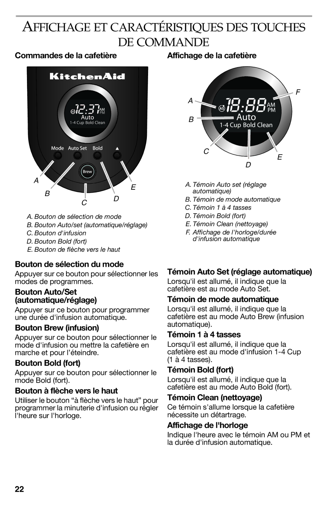 KitchenAid KCM112OB, KCM111OB manual Affichage ET Caractéristiques DES Touches DE Commande 