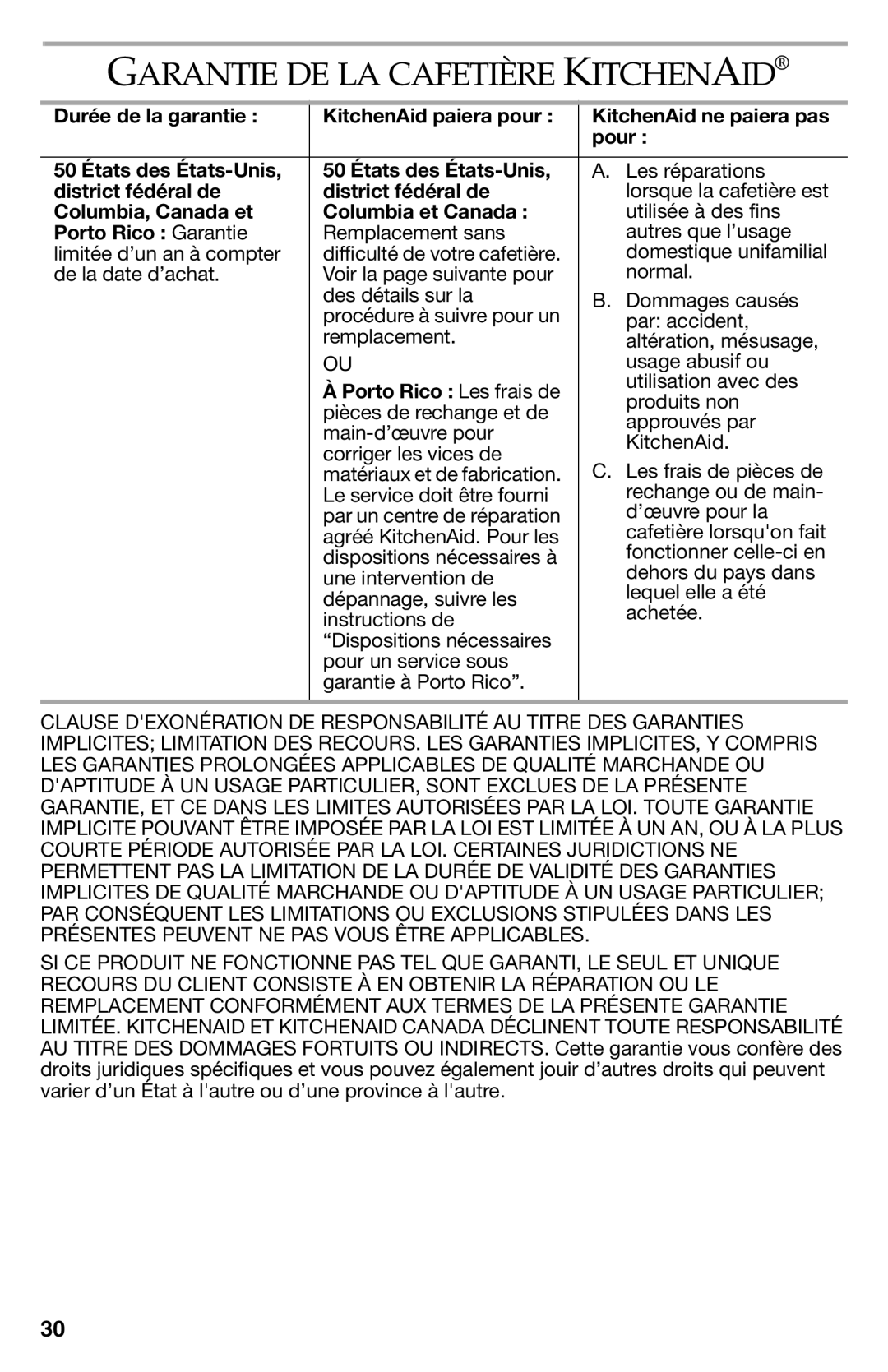 KitchenAid KCM111, KCM112 Garantie DE LA Cafetière Kitchenaid, District fédéral de, Columbia, Canada et Columbia et Canada 