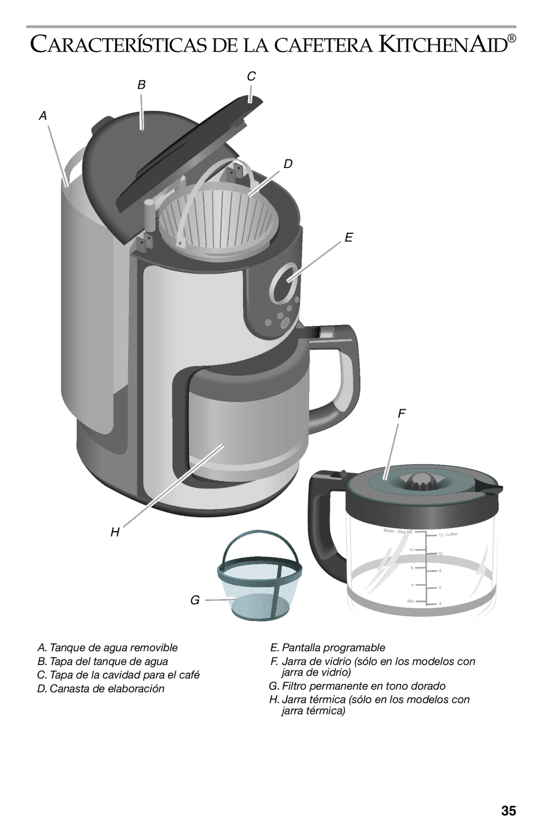 KitchenAid KCM112OB, KCM111OB manual Características DE LA Cafetera Kitchenaid 