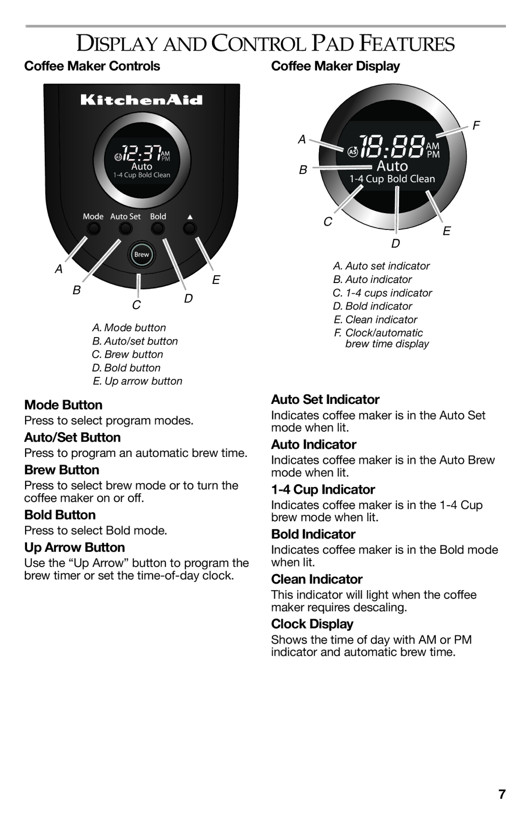 KitchenAid KCM112OB, KCM111OB manual Display and Control PAD Features 