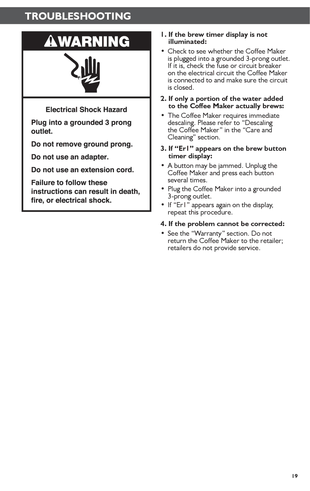 KitchenAid KCM1202 manual Troubleshooting, If the brew timer display is not illuminated 