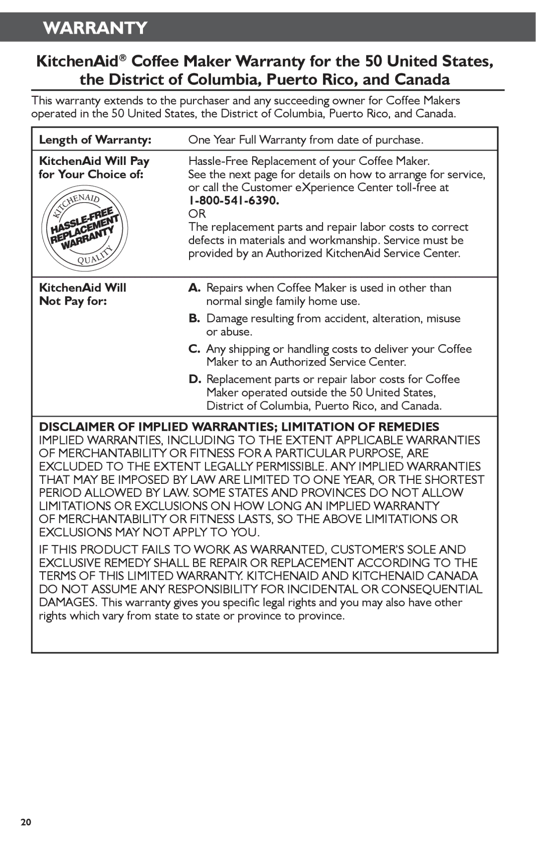 KitchenAid KCM1202 manual Warranty 