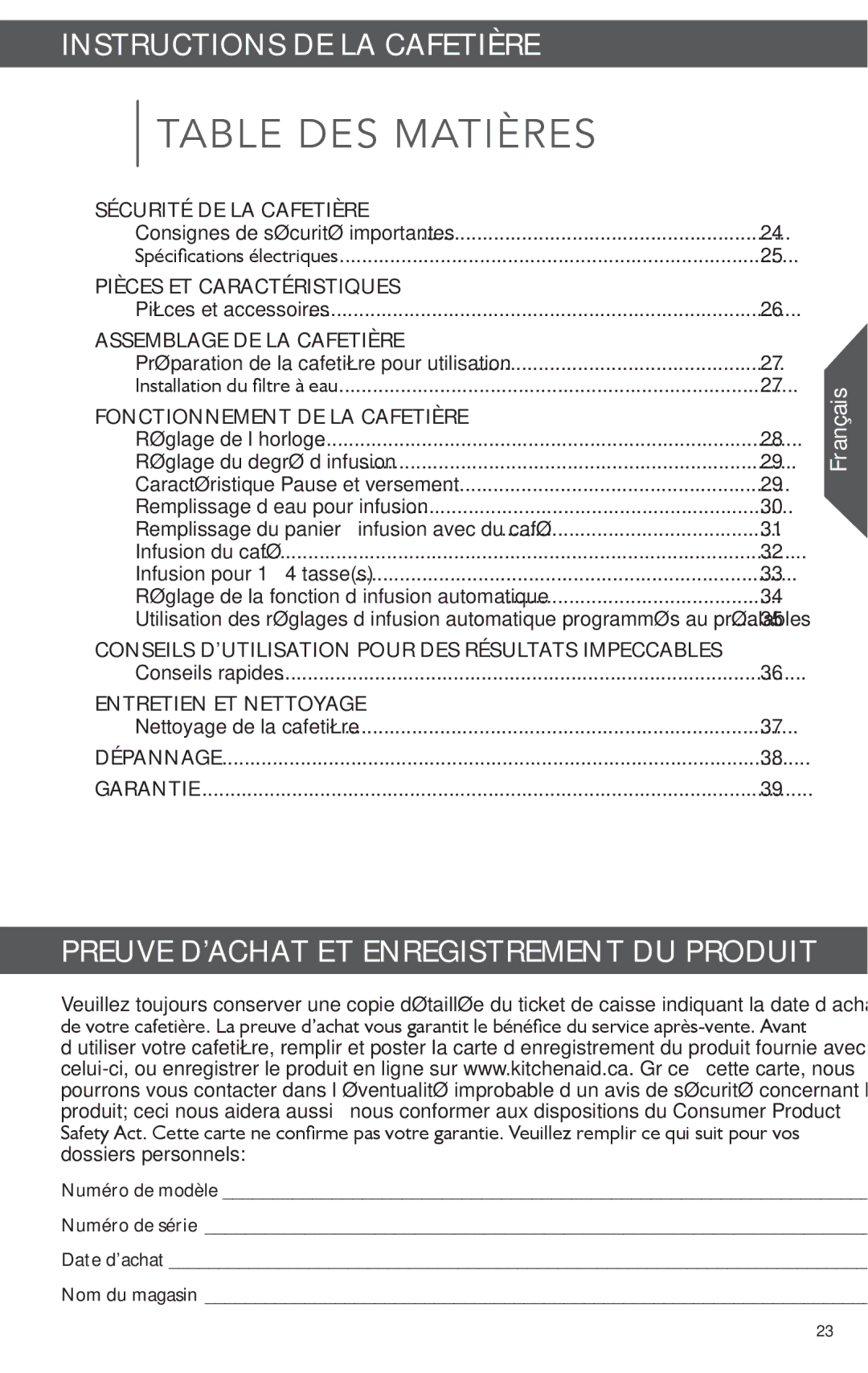 KitchenAid KCM1202 manual Instructions DE LA Cafetière, Preuve D’ACHAT ET Enregistrement DU Produit, Pièces et accessoires 