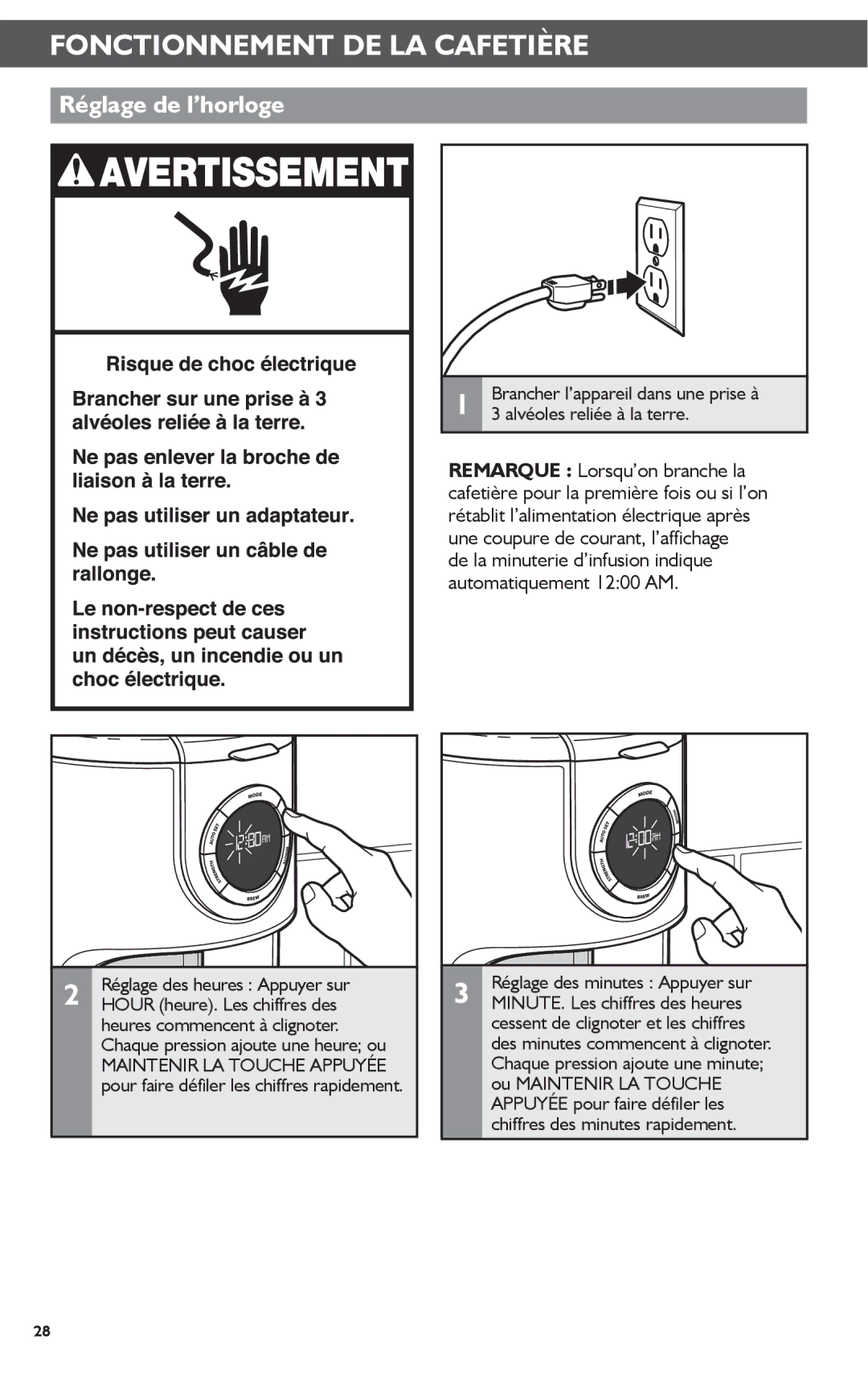 KitchenAid KCM1202 manual Fonctionnement DE LA Cafetière, Réglage de l’horloge, De la minuterie d’infusion indique 