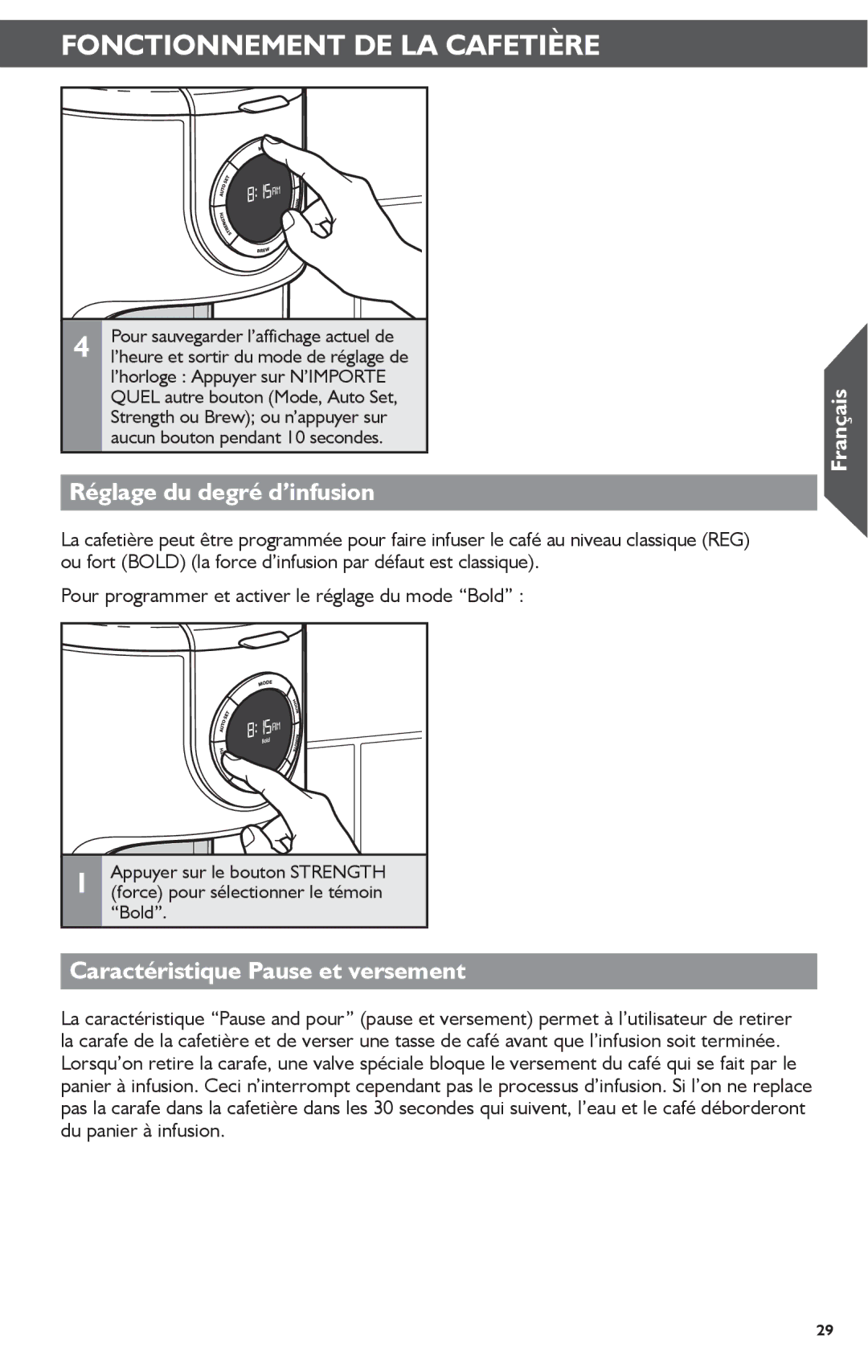 KitchenAid KCM1202 manual Réglage du degré d’infusion, Caractéristique Pause et versement, Bold 