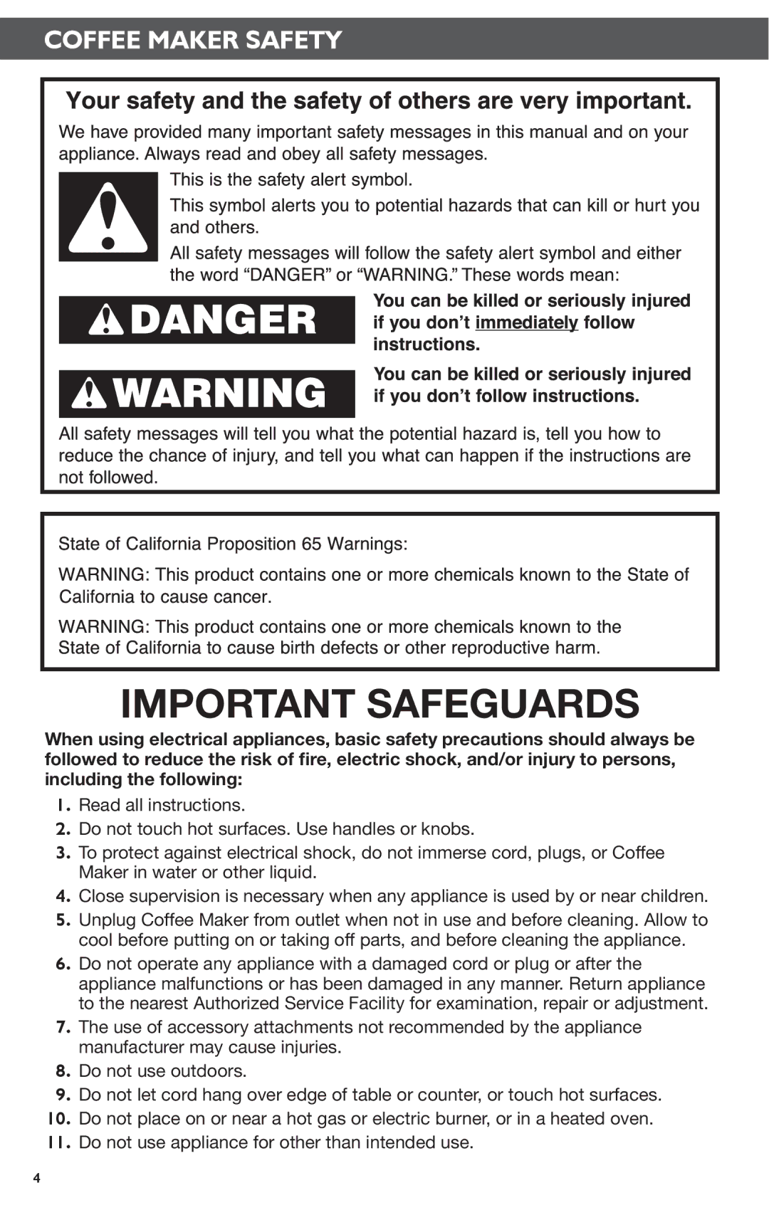 KitchenAid KCM1202 manual Important Safeguards, Coffee Maker Safety 